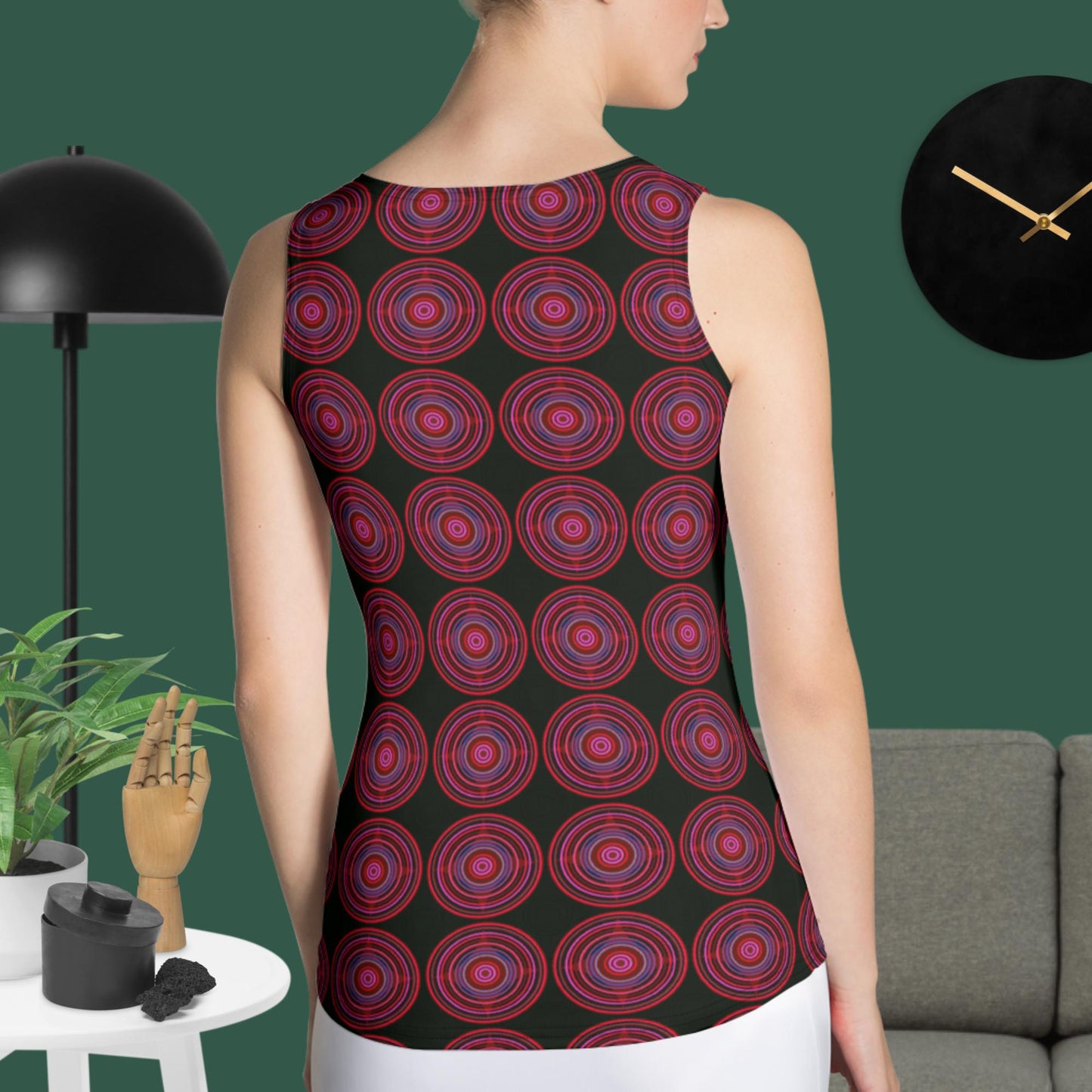 Sublimation print cut and sew tank top circle pattern black