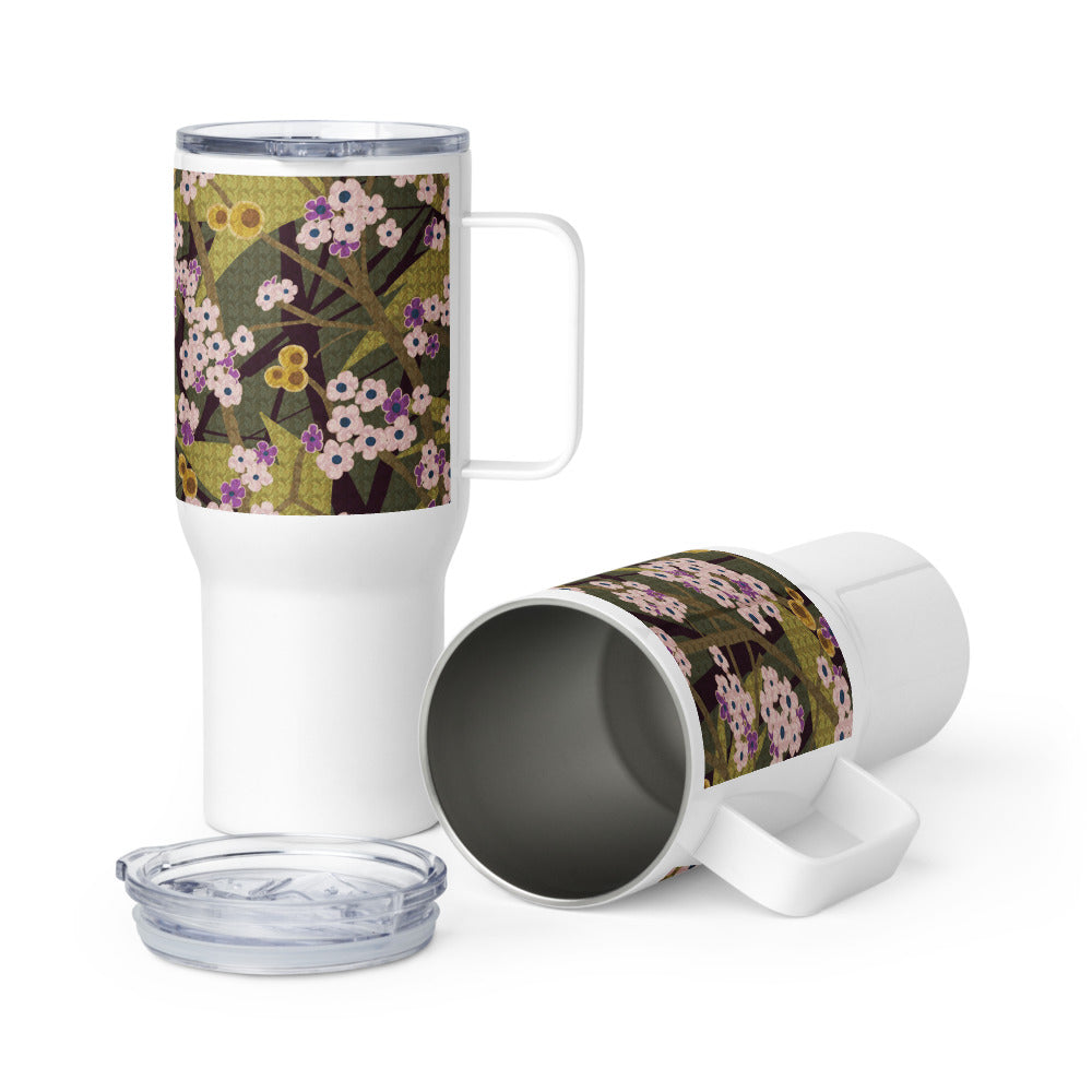 Handle Travel Mug Cup/Small Flower/Faded Green