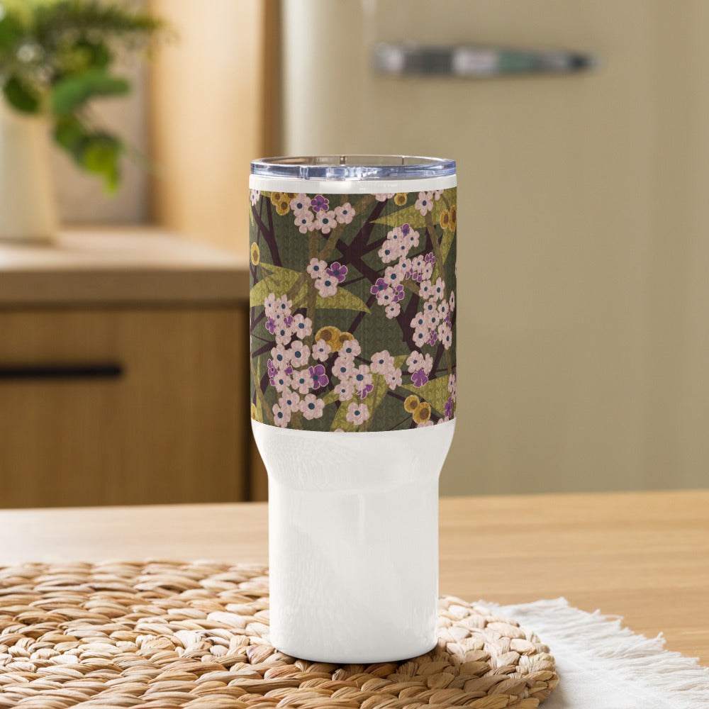 Handle Travel Mug Cup/Small Flower/Faded Green