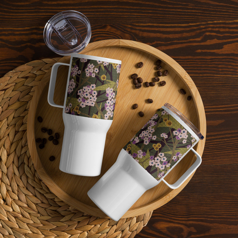 Handle Travel Mug Cup/Small Flower/Faded Green