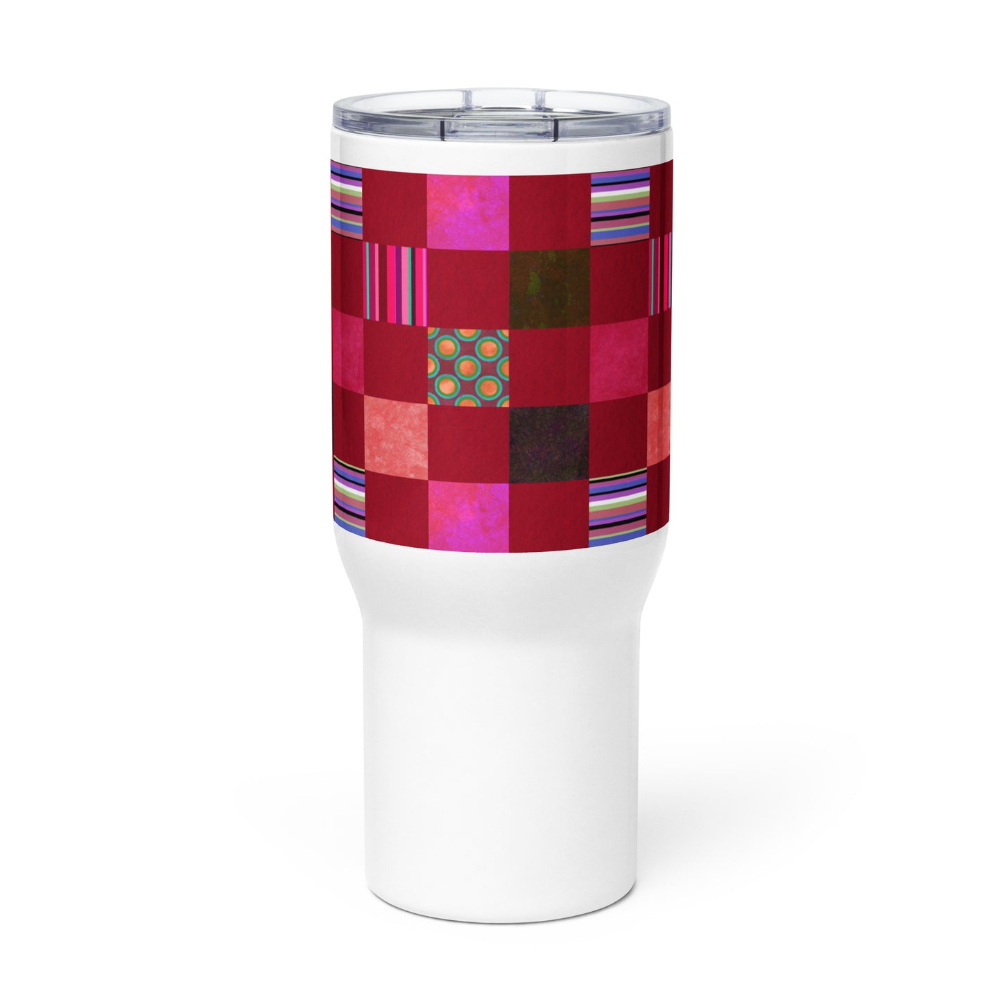 Handle Travel Mug Cup/Stripes and Dots Grid Pattern/Red