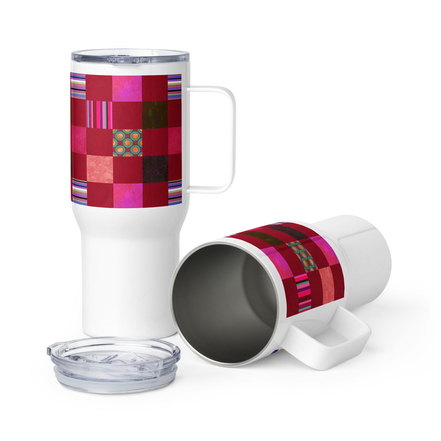 Handle Travel Mug Cup/Stripes and Dots Grid Pattern/Red