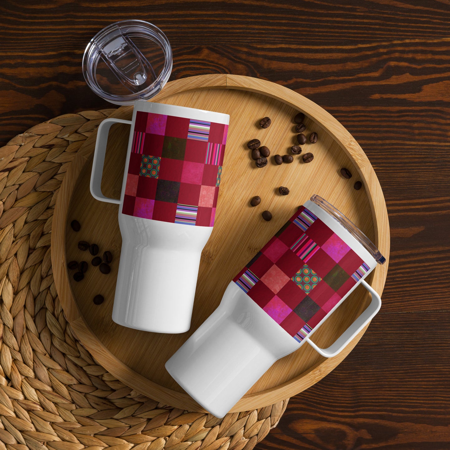 Handle Travel Mug Cup/Stripes and Dots Grid Pattern/Red