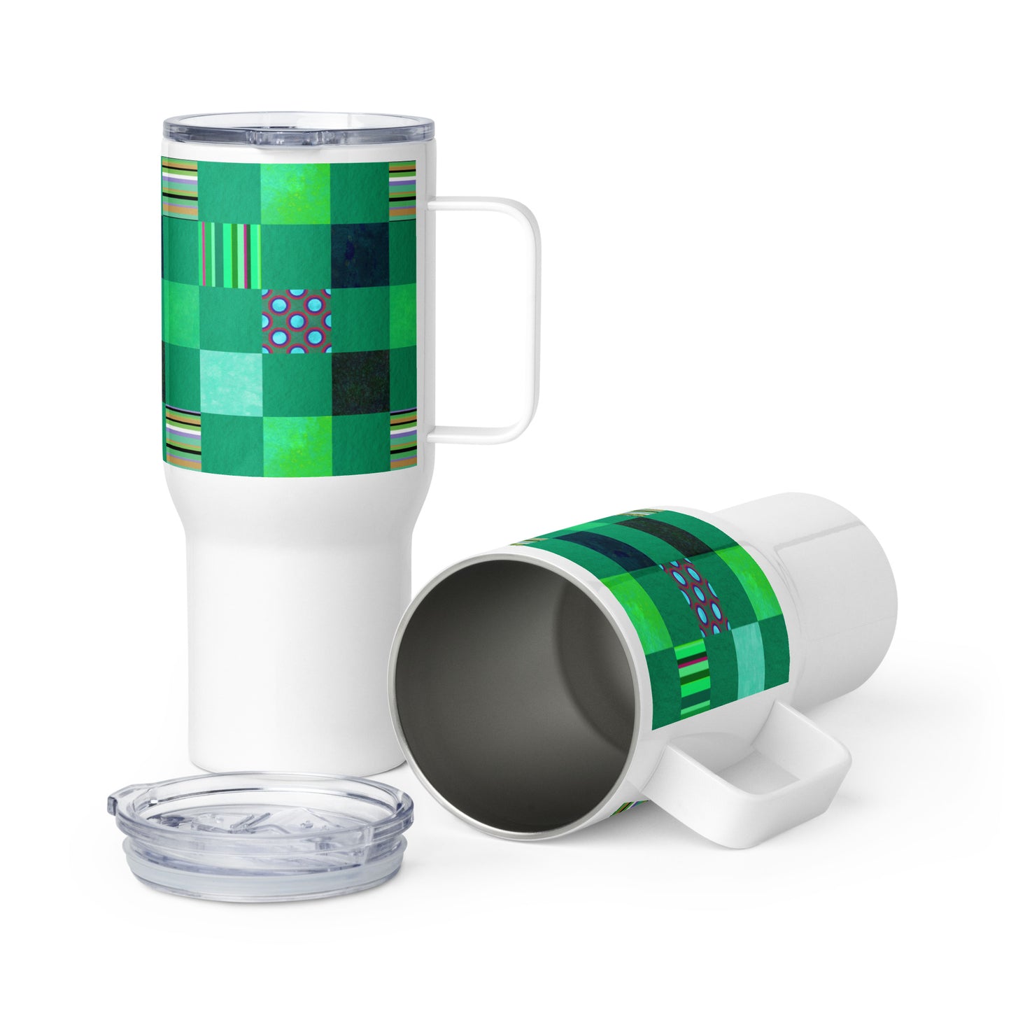 Handle Travel Mug Cup/Striped or Polka Dot Grid Pattern/Green