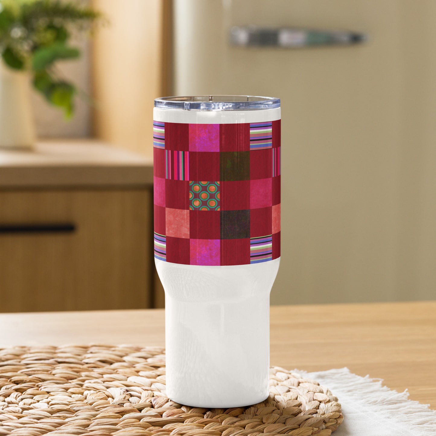 Handle Travel Mug Cup/Stripes and Dots Grid Pattern/Red