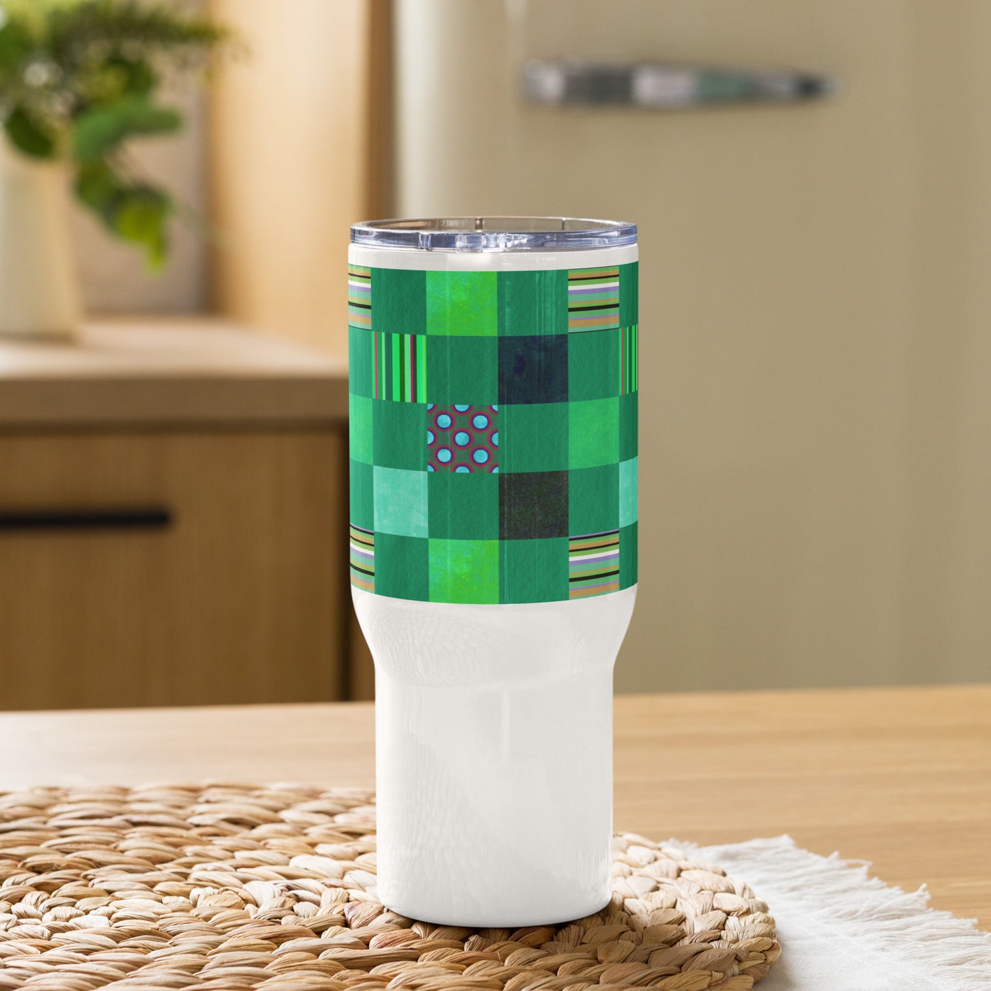 Handle Travel Mug Cup/Striped or Polka Dot Grid Pattern/Green