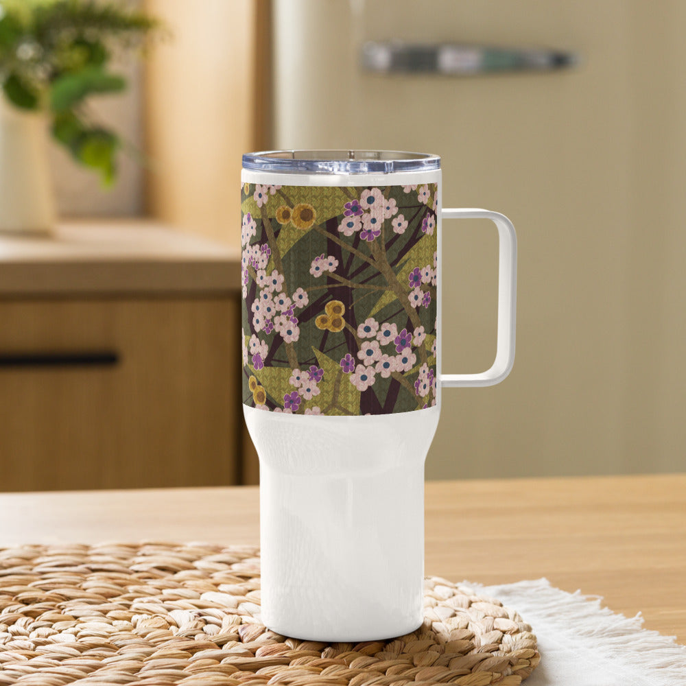 Handle Travel Mug Cup/Small Flower/Faded Green