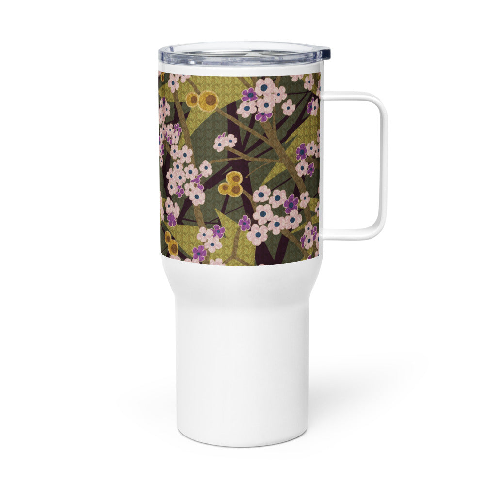 Handle Travel Mug Cup/Small Flower/Faded Green