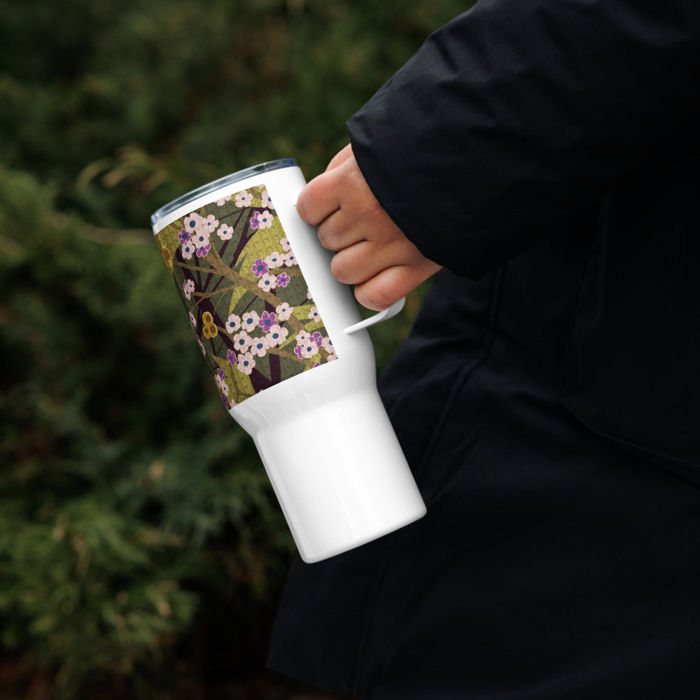 Handle Travel Mug Cup/Small Flower/Faded Green