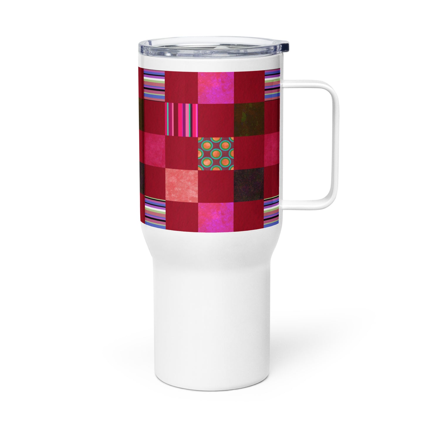 Handle Travel Mug Cup/Stripes and Dots Grid Pattern/Red