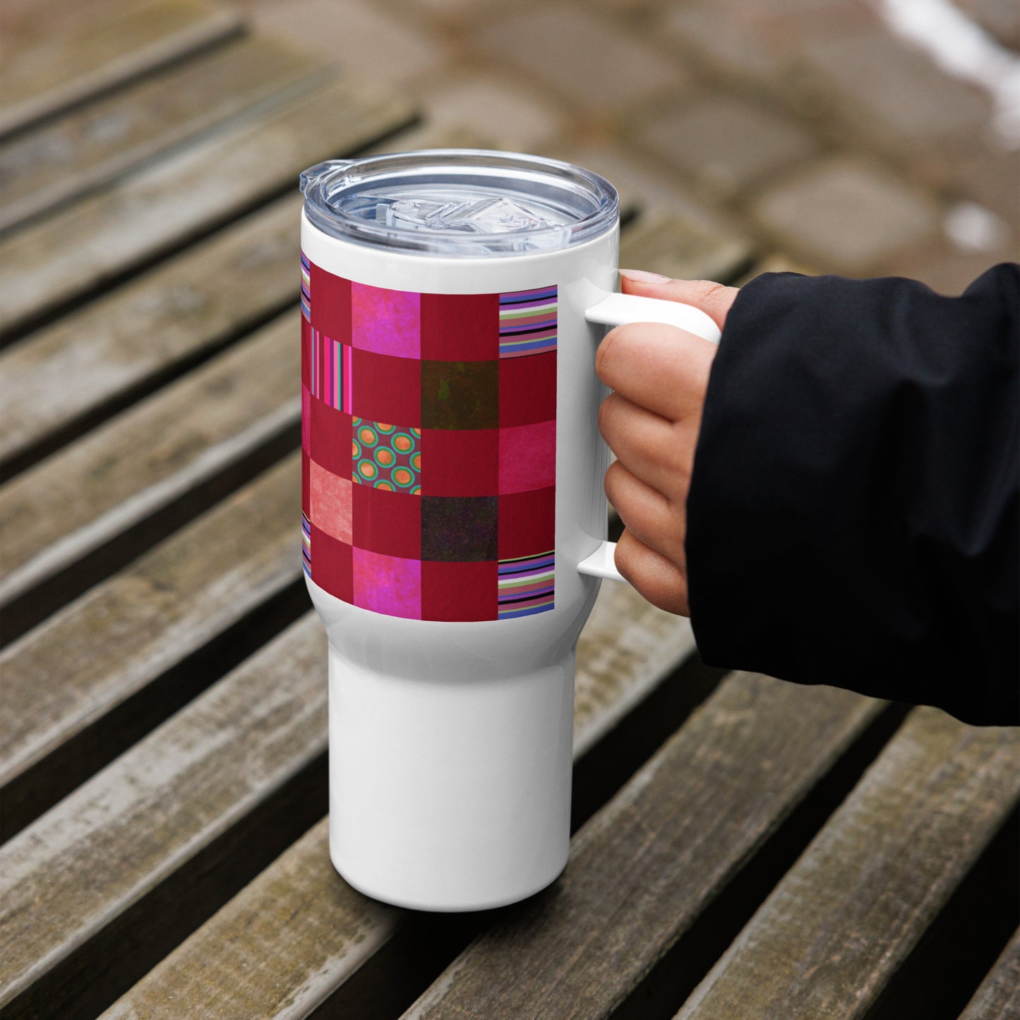 Handle Travel Mug Cup/Stripes and Dots Grid Pattern/Red