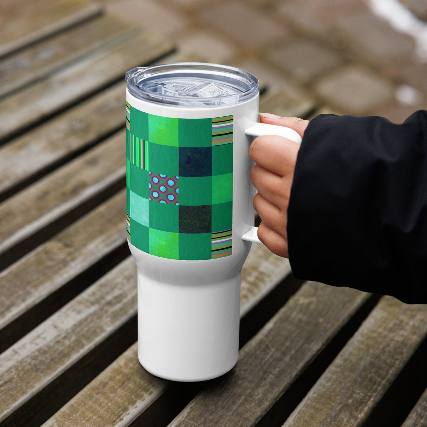 Handle Travel Mug Cup/Striped or Polka Dot Grid Pattern/Green