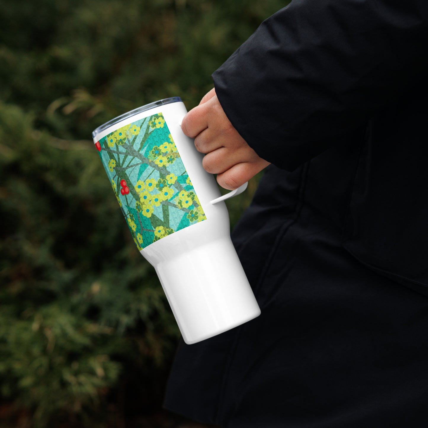 Travel mug with handle/floret/green