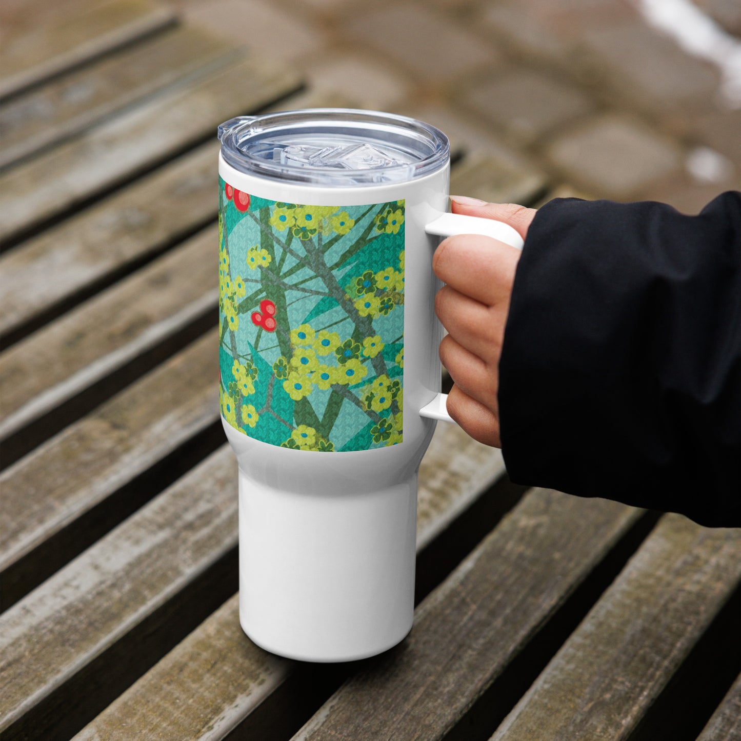 Travel mug with handle/floret/green