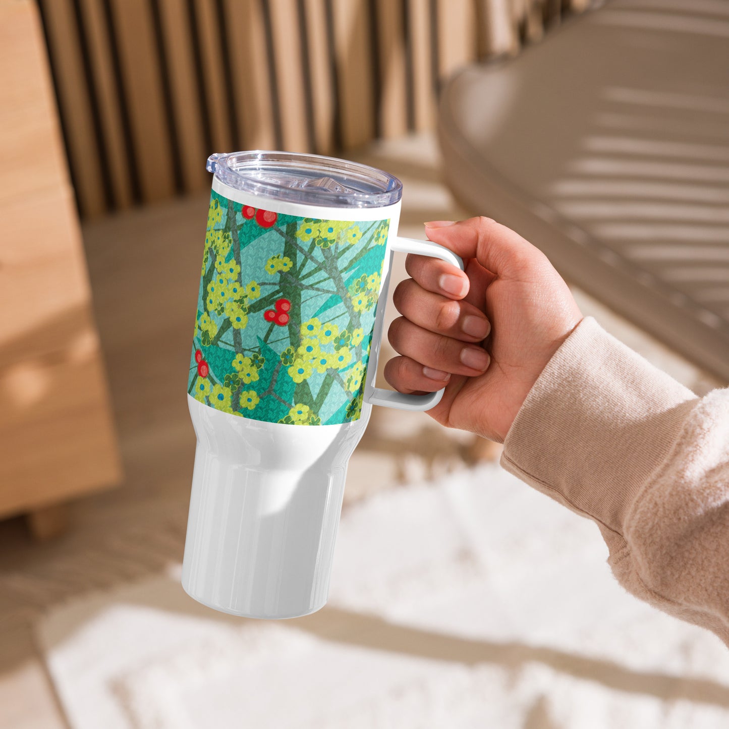 Travel mug with handle/floret/green