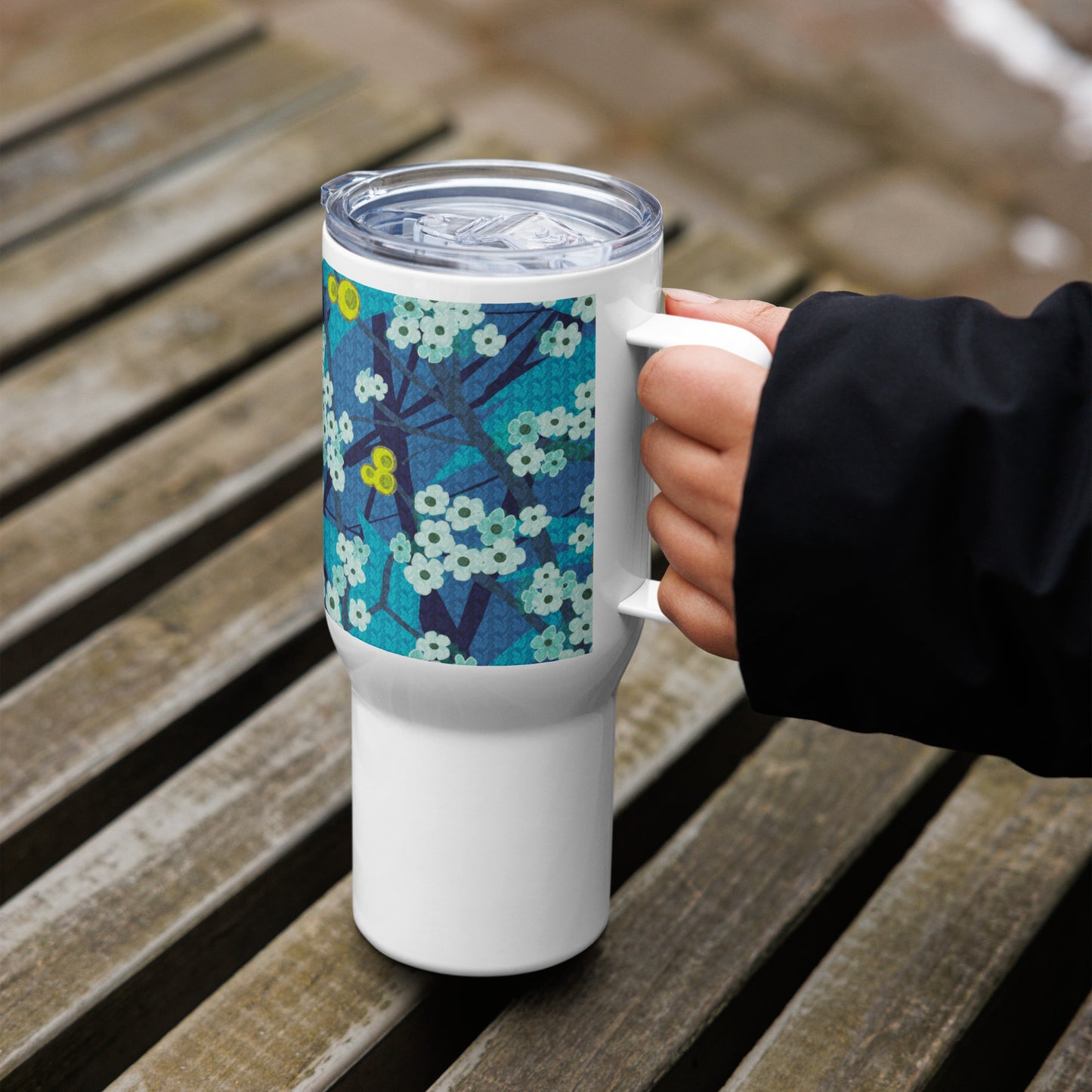 Travel mug with handle/floret/blue