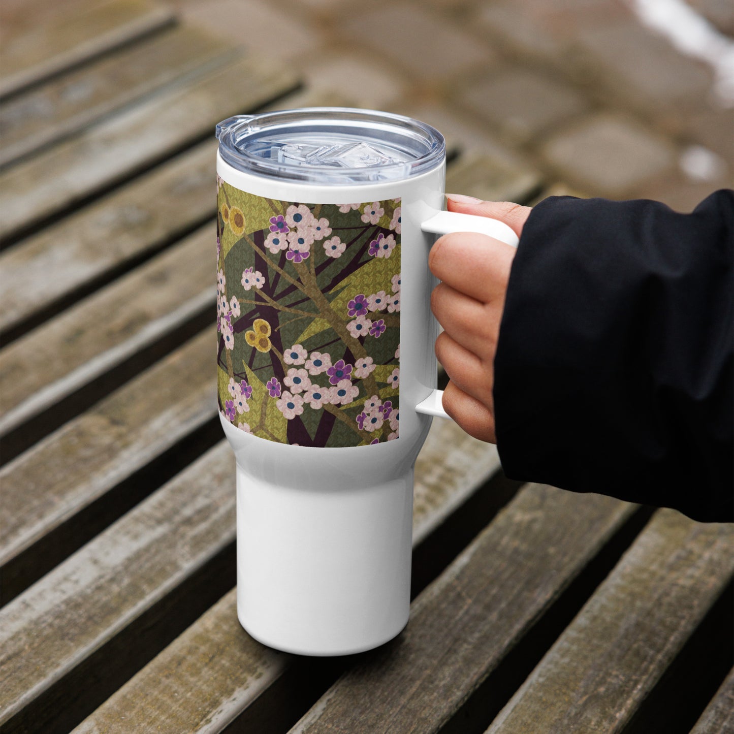 Handle Travel Mug Cup/Small Flower/Faded Green