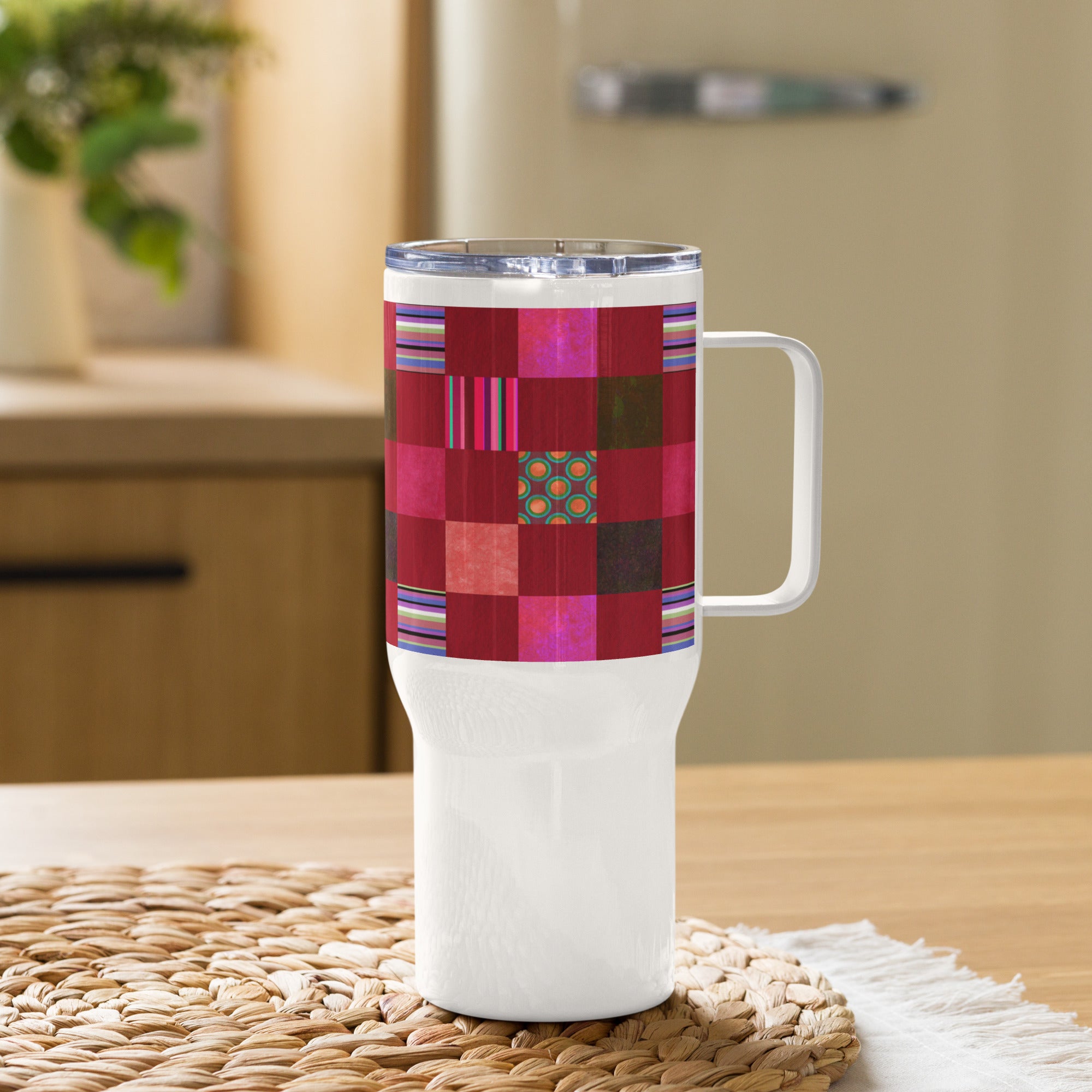 Handle Travel Mug Cup/Stripes and Dots Grid Pattern/Red – MIRINCOMIX STUDIO