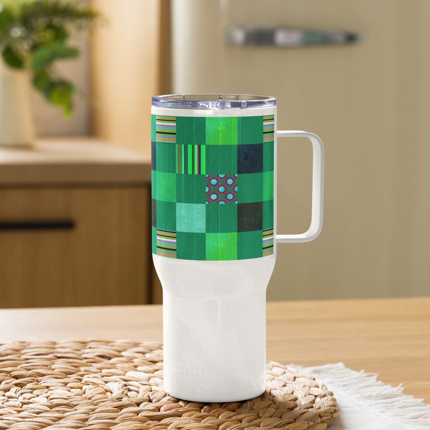 Handle Travel Mug Cup/Striped or Polka Dot Grid Pattern/Green