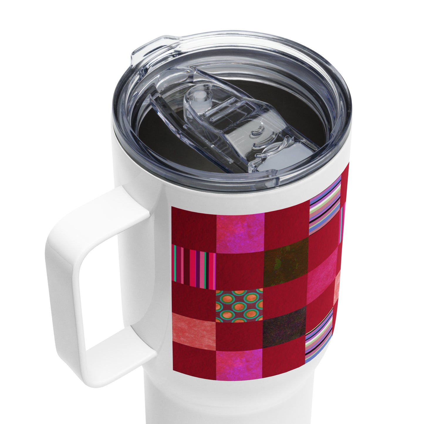 Handle Travel Mug Cup/Stripes and Dots Grid Pattern/Red