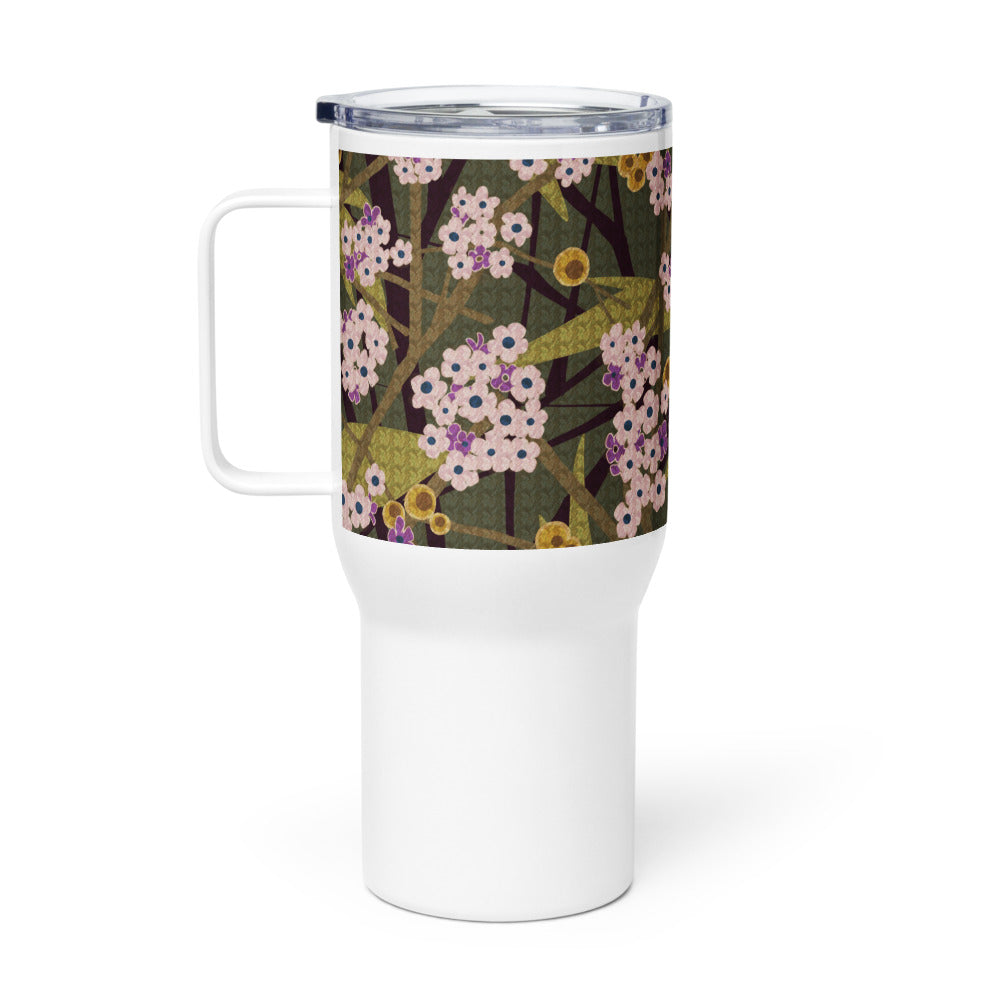 Handle Travel Mug Cup/Small Flower/Faded Green