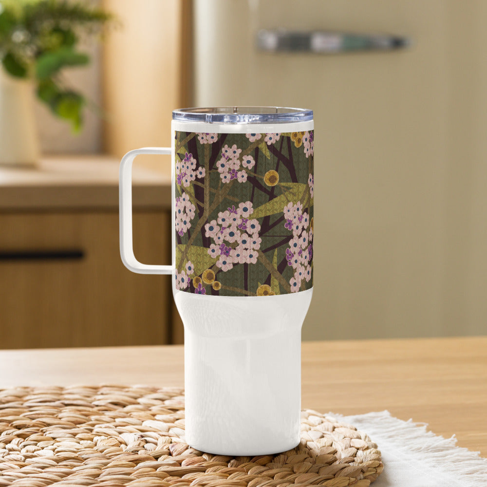 Handle Travel Mug Cup/Small Flower/Faded Green