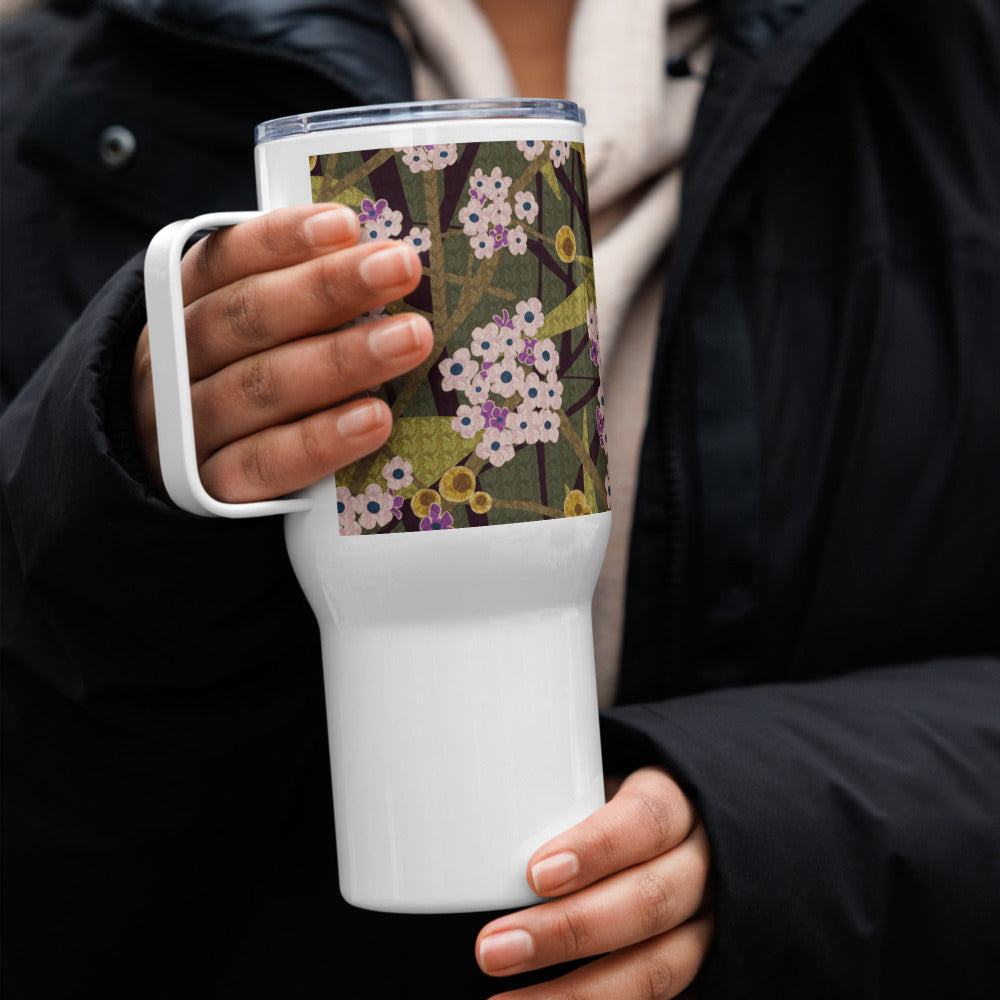 Handle Travel Mug Cup/Small Flower/Faded Green