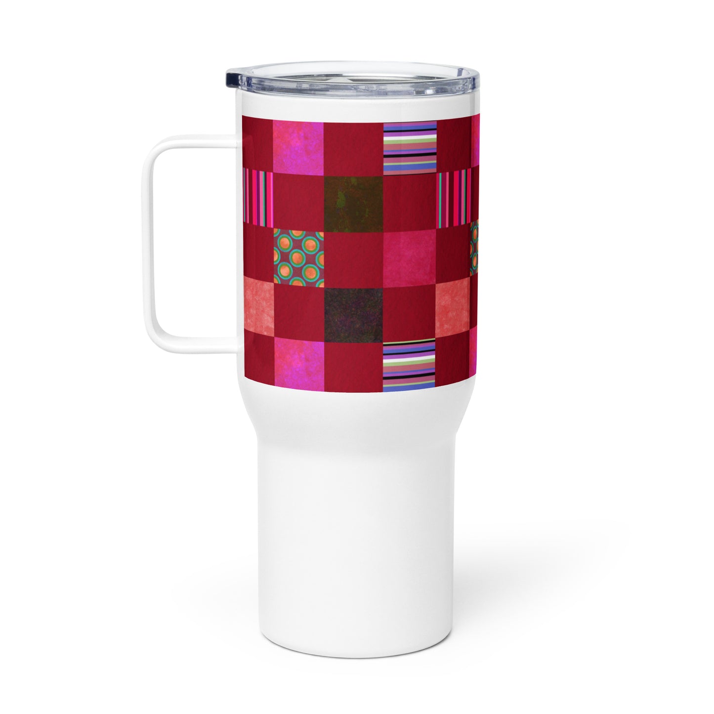 Handle Travel Mug Cup/Stripes and Dots Grid Pattern/Red