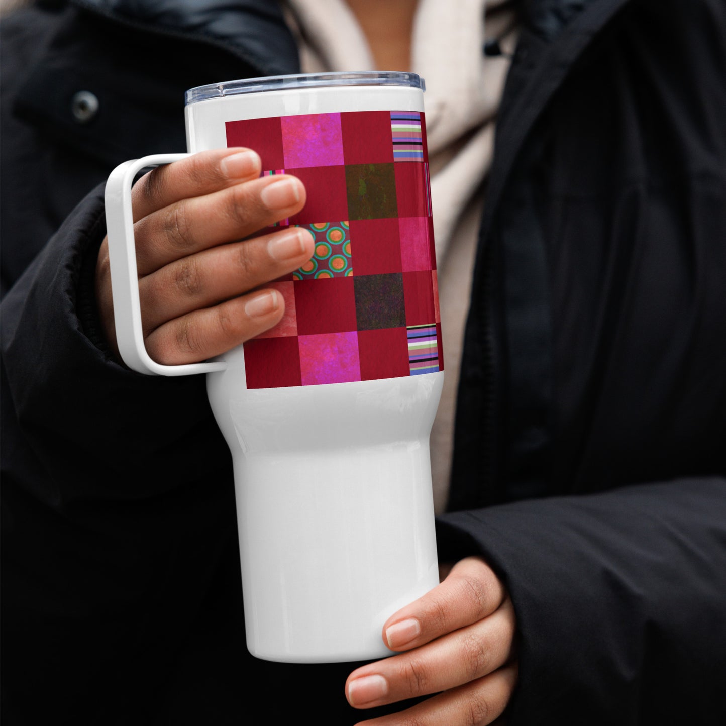 Handle Travel Mug Cup/Stripes and Dots Grid Pattern/Red