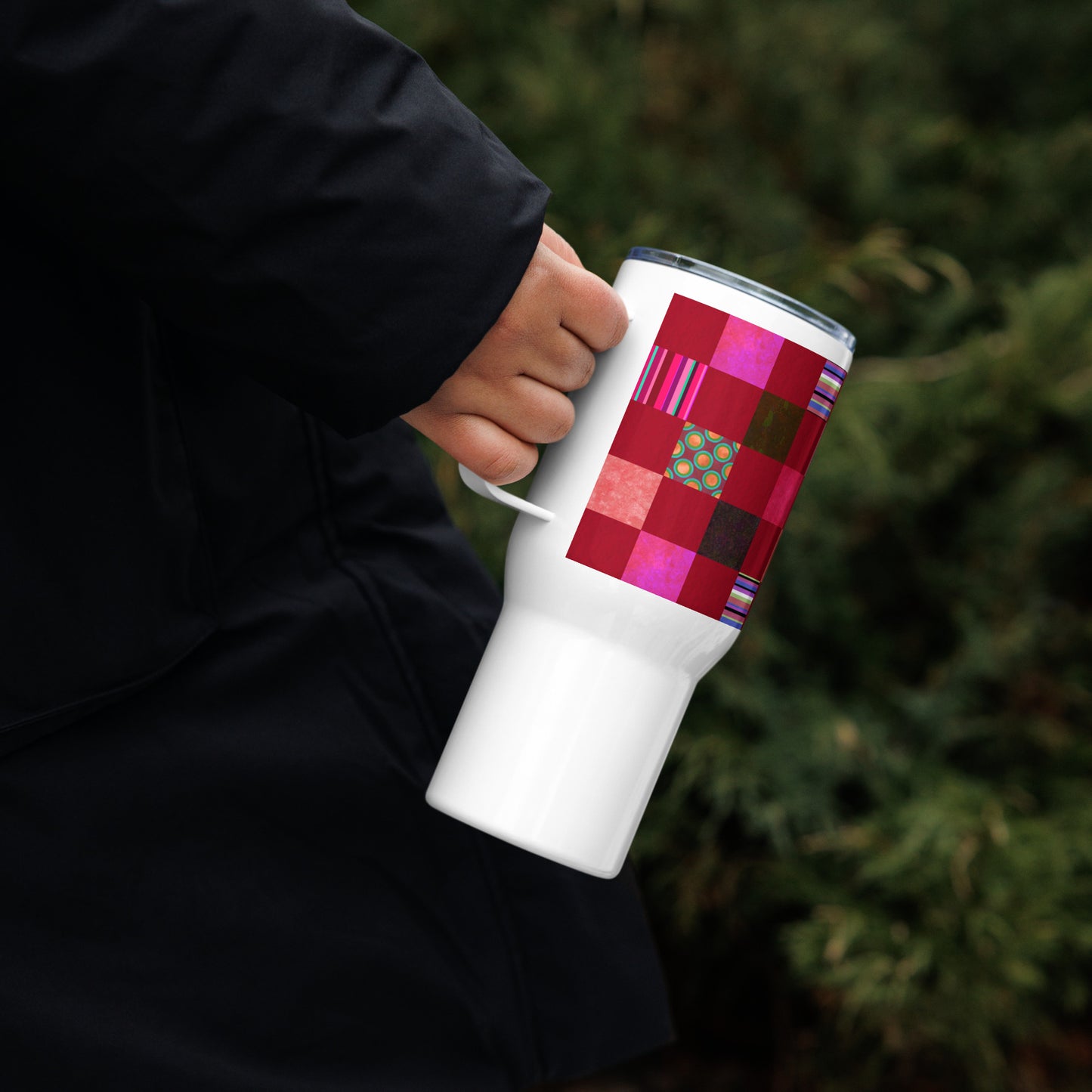 Handle Travel Mug Cup/Stripes and Dots Grid Pattern/Red