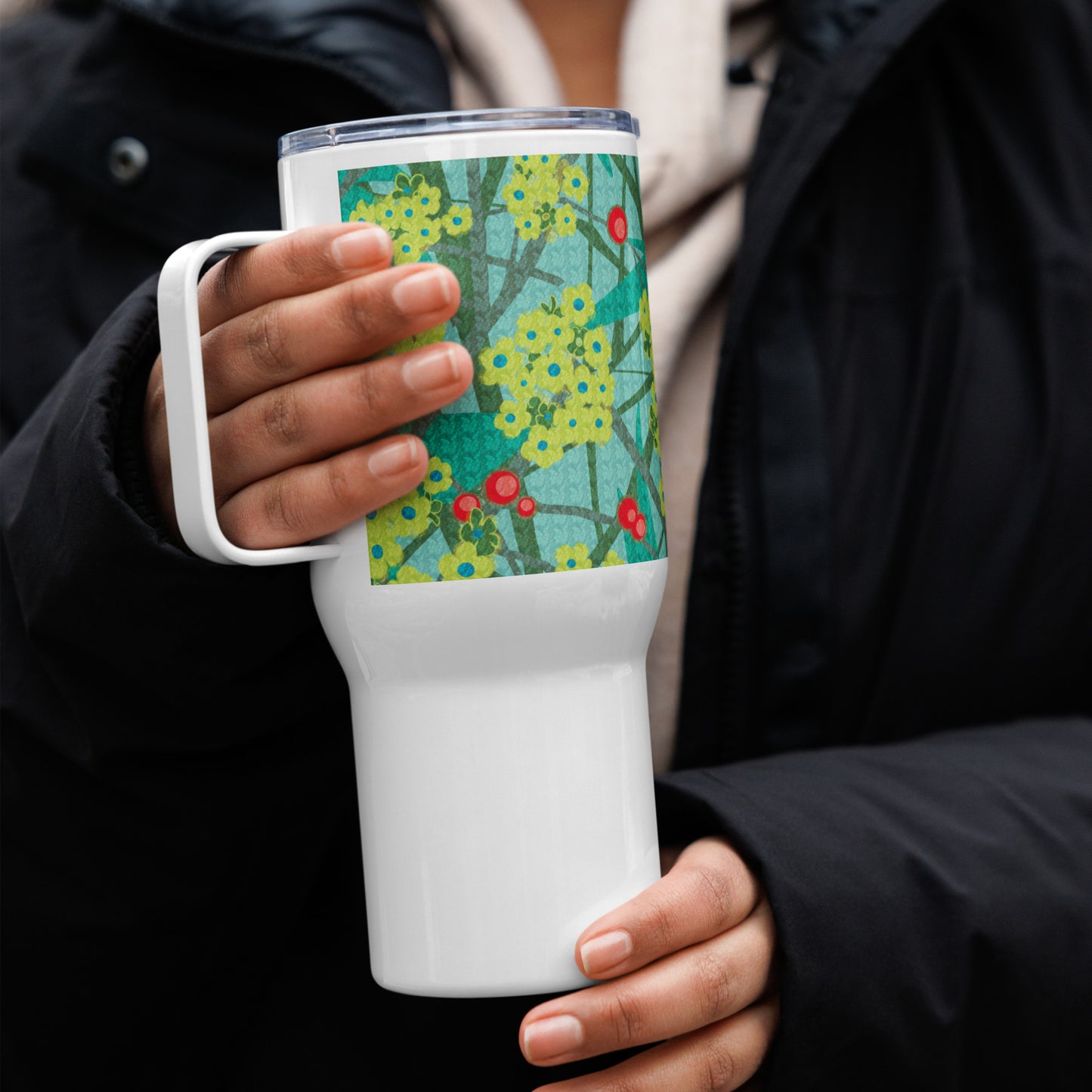 Travel mug with handle/floret/green