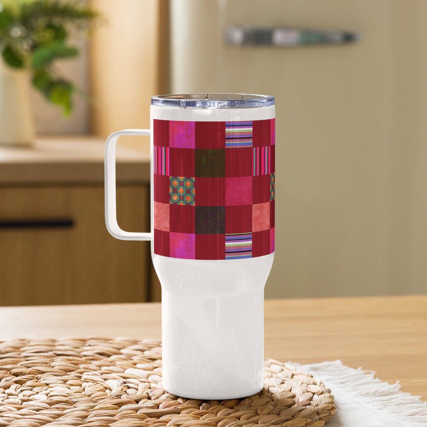 Handle Travel Mug Cup/Stripes and Dots Grid Pattern/Red