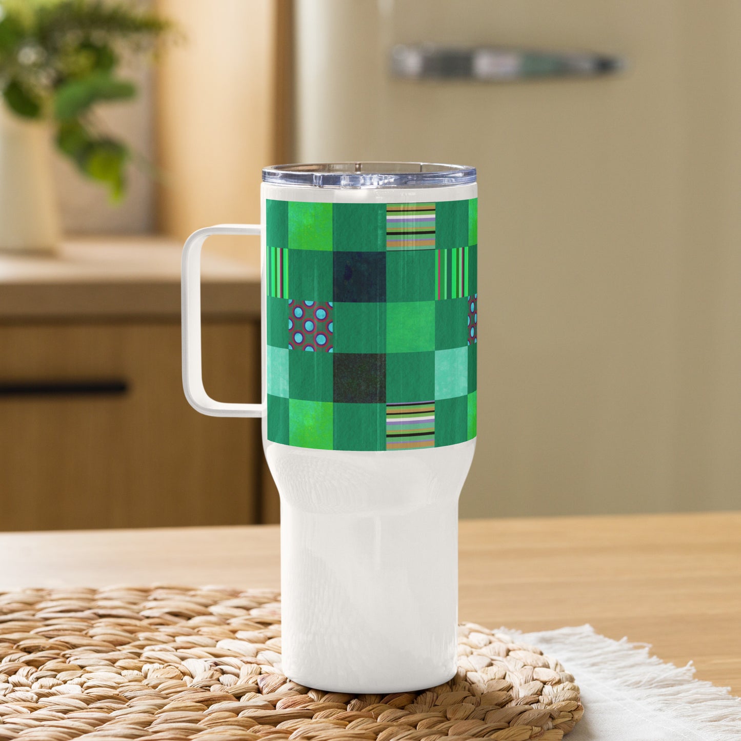 Handle Travel Mug Cup/Striped or Polka Dot Grid Pattern/Green