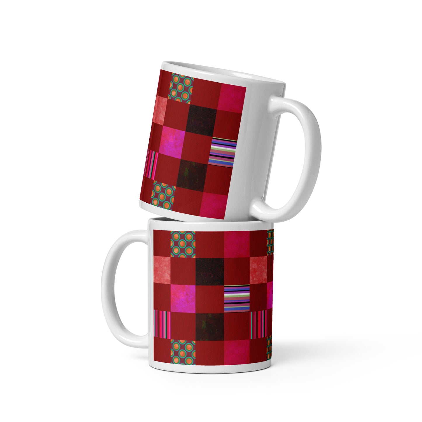 Mug cup (white) / Striped or polka dot grid pattern / Red