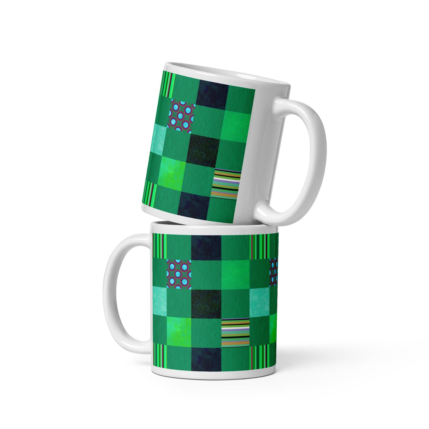 Mug cup (white) / Striped or polka dot grid pattern / Green