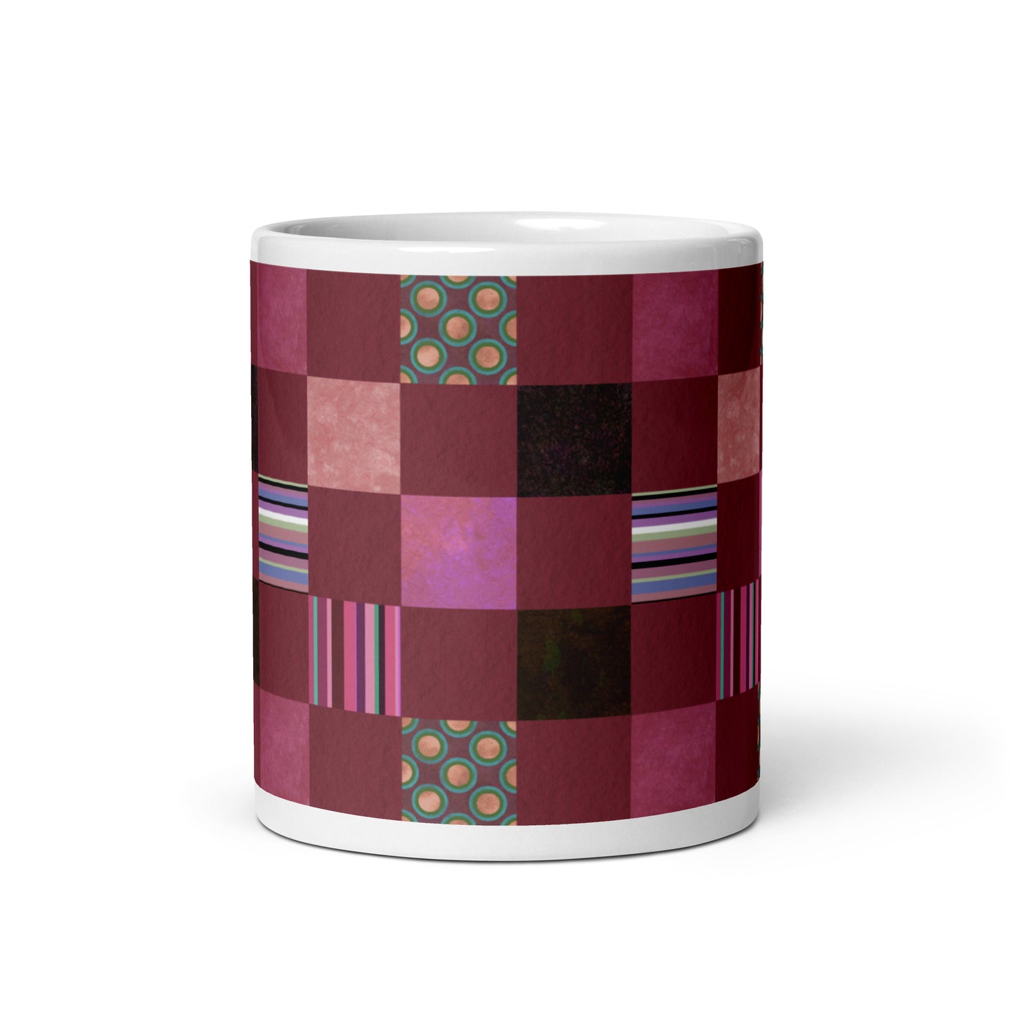 Mug cup (white) / striped or polka dot checker pattern / reddish-brown