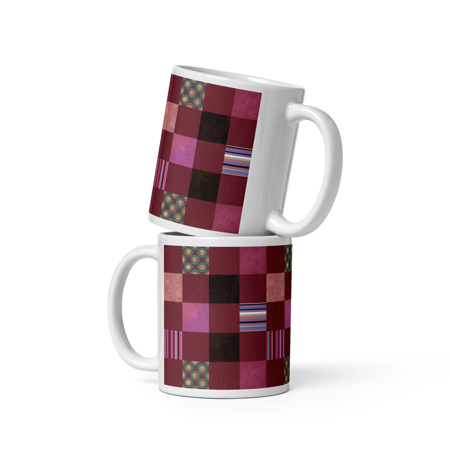 Mug cup (white) / striped or polka dot checker pattern / reddish-brown