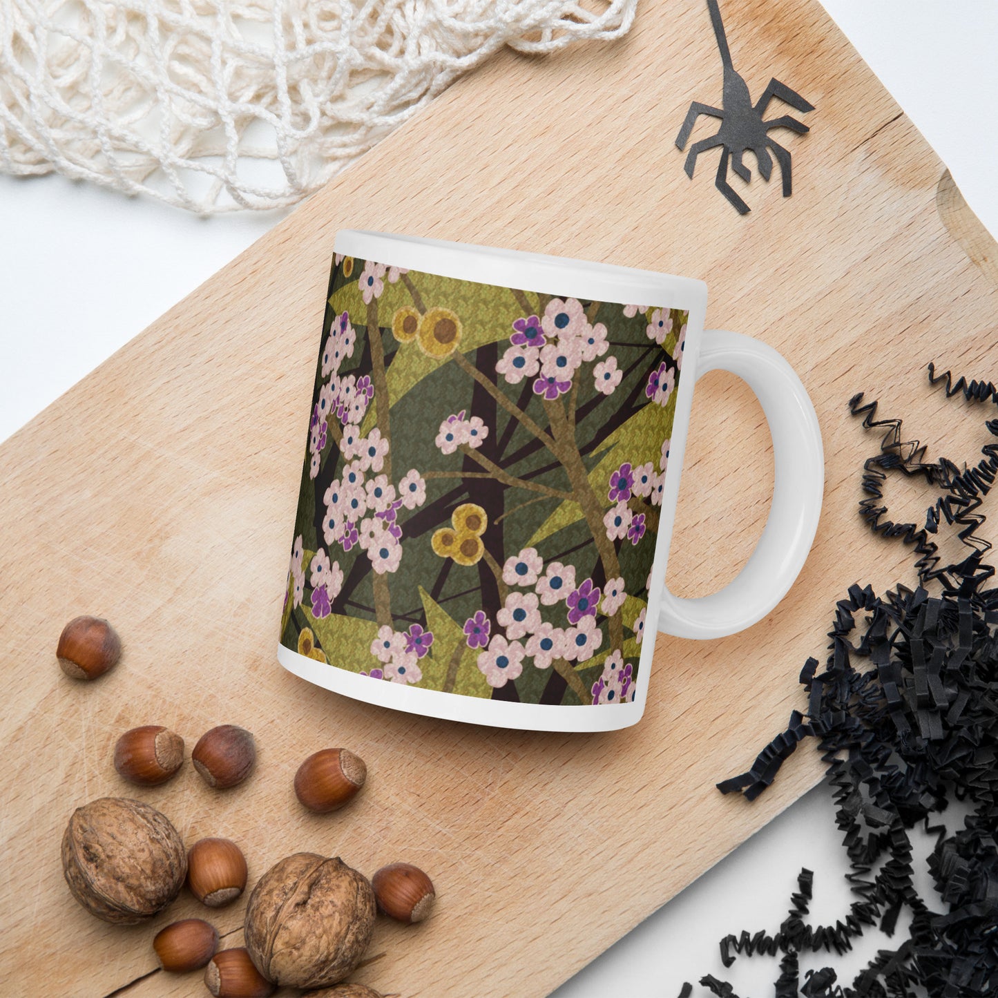 Mug cup (white) / small flowers / muted green