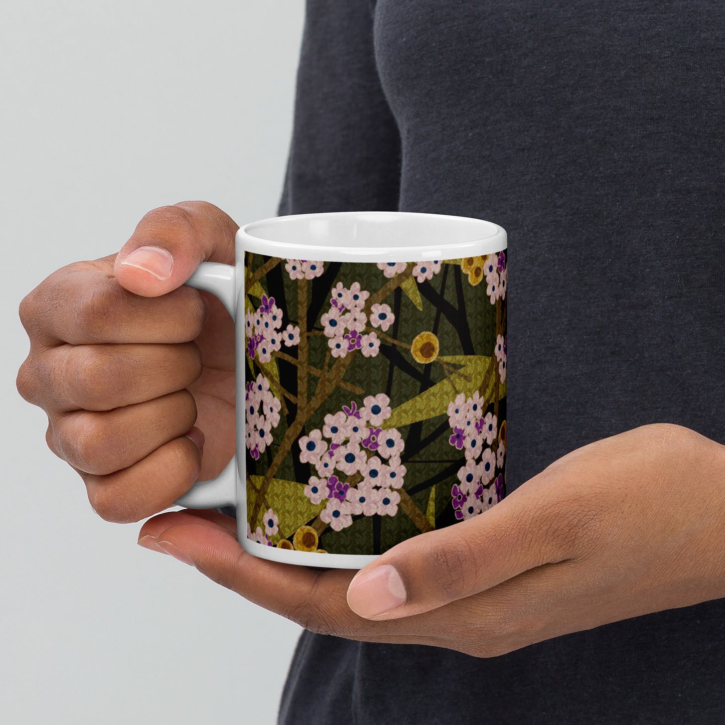 Mug cup (white) / small flowers / muted green