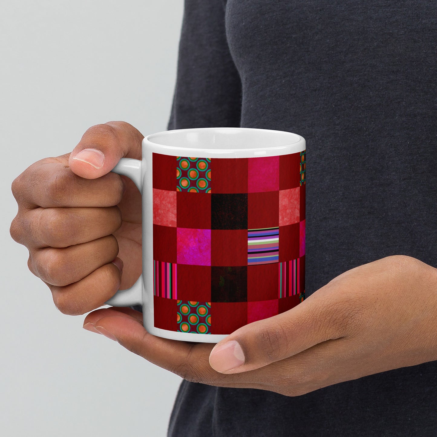 Mug cup (white) / Striped or polka dot grid pattern / Red