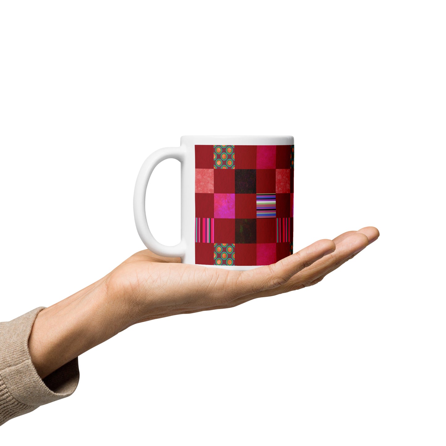 Mug cup (white) / Striped or polka dot grid pattern / Red