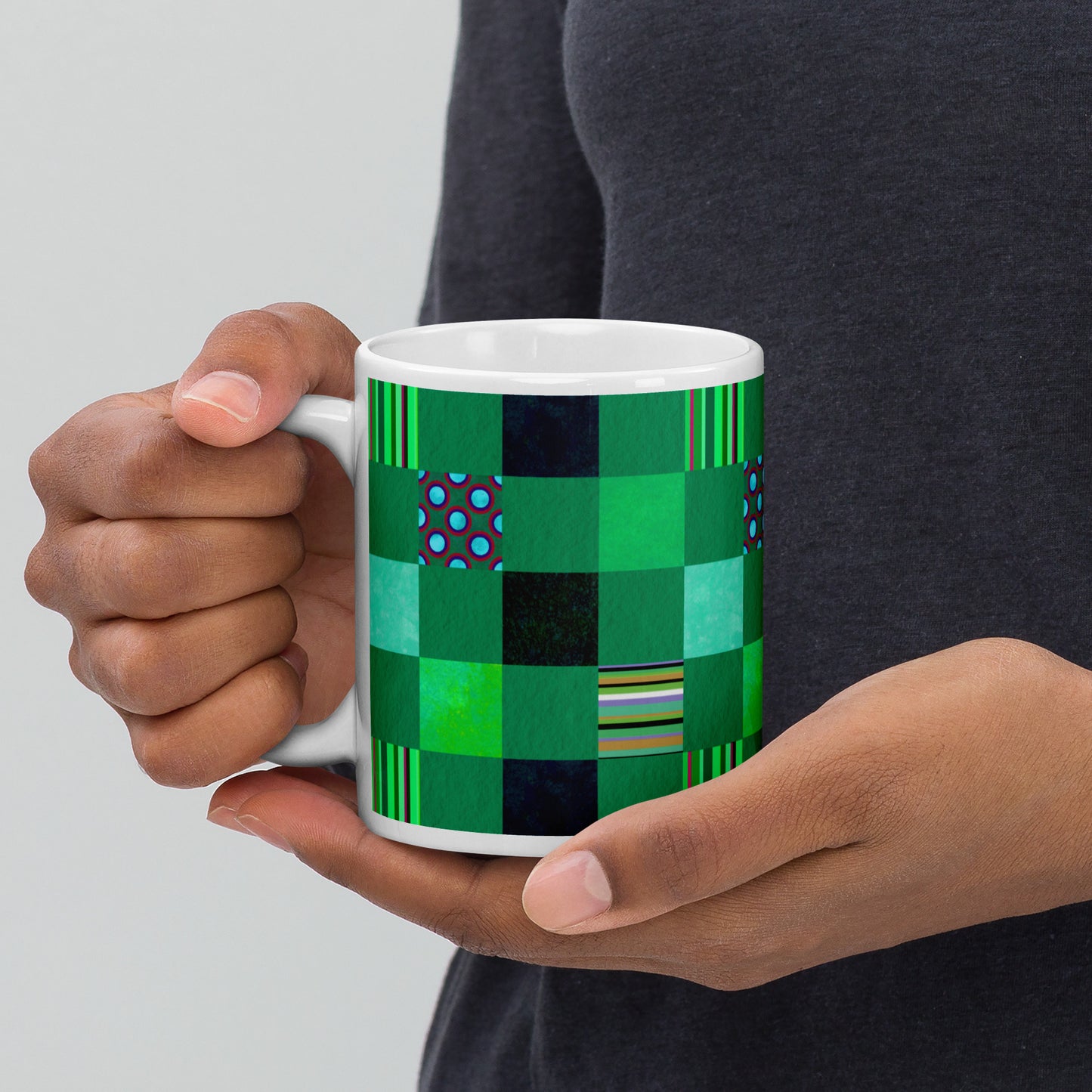 Mug cup (white) / Striped or polka dot grid pattern / Green