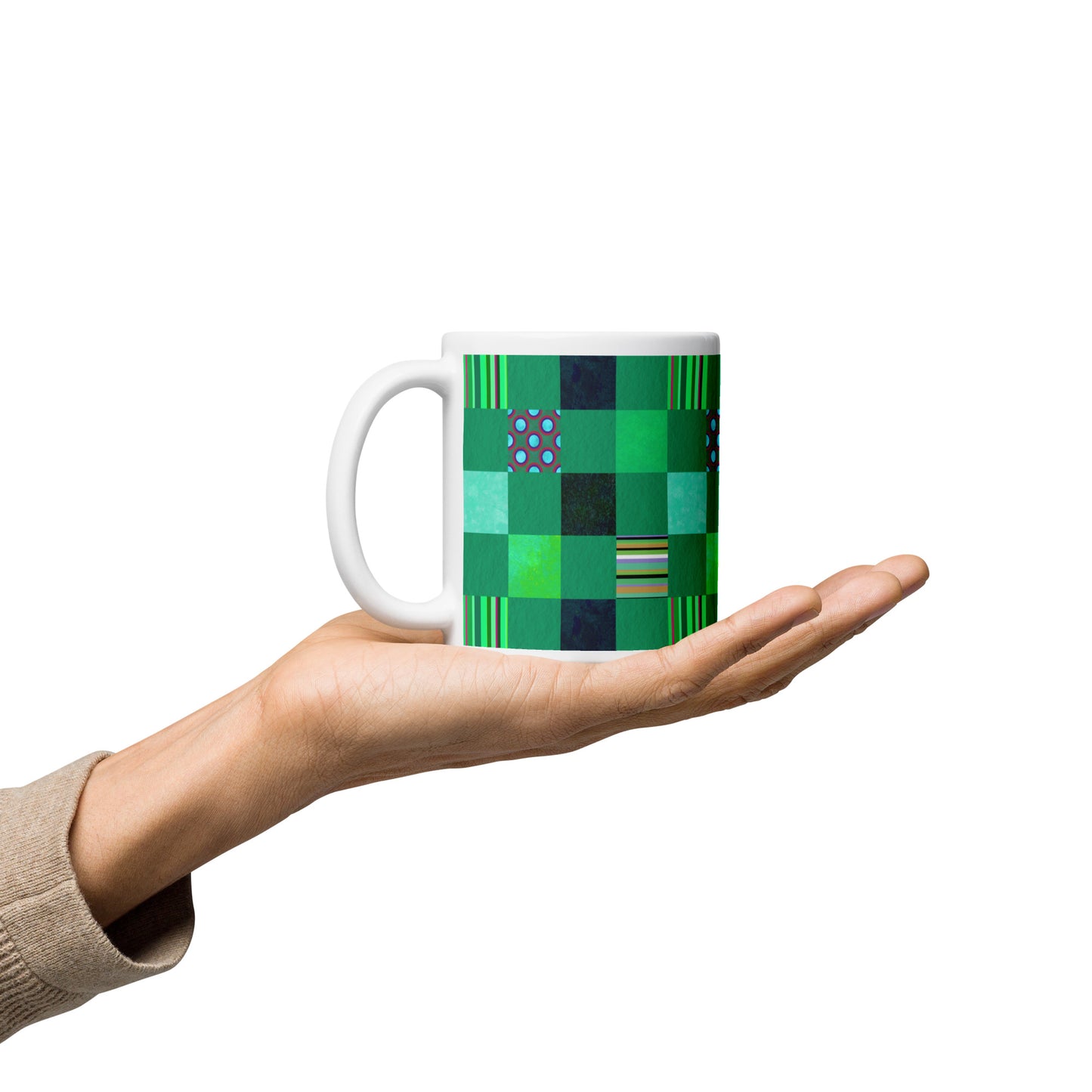 Mug cup (white) / Striped or polka dot grid pattern / Green