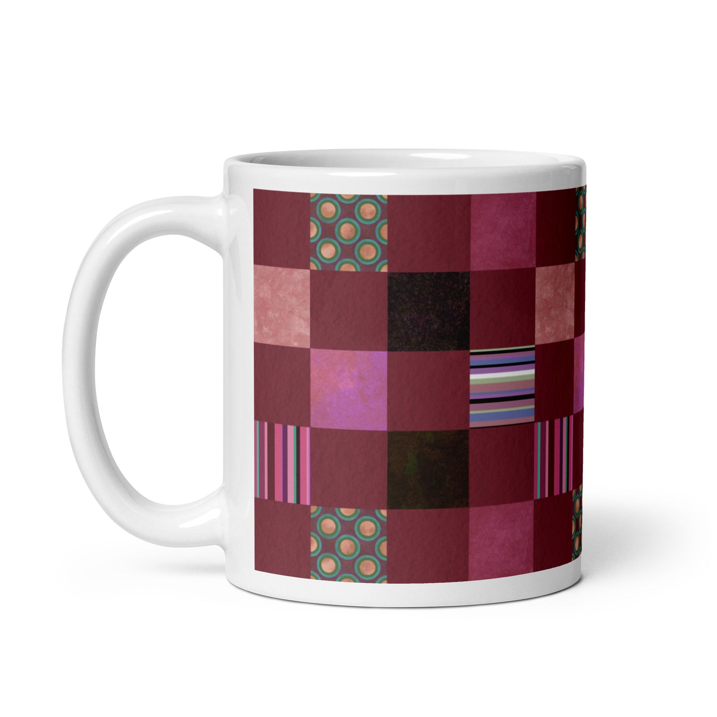 Mug cup (white) / striped or polka dot checker pattern / reddish-brown