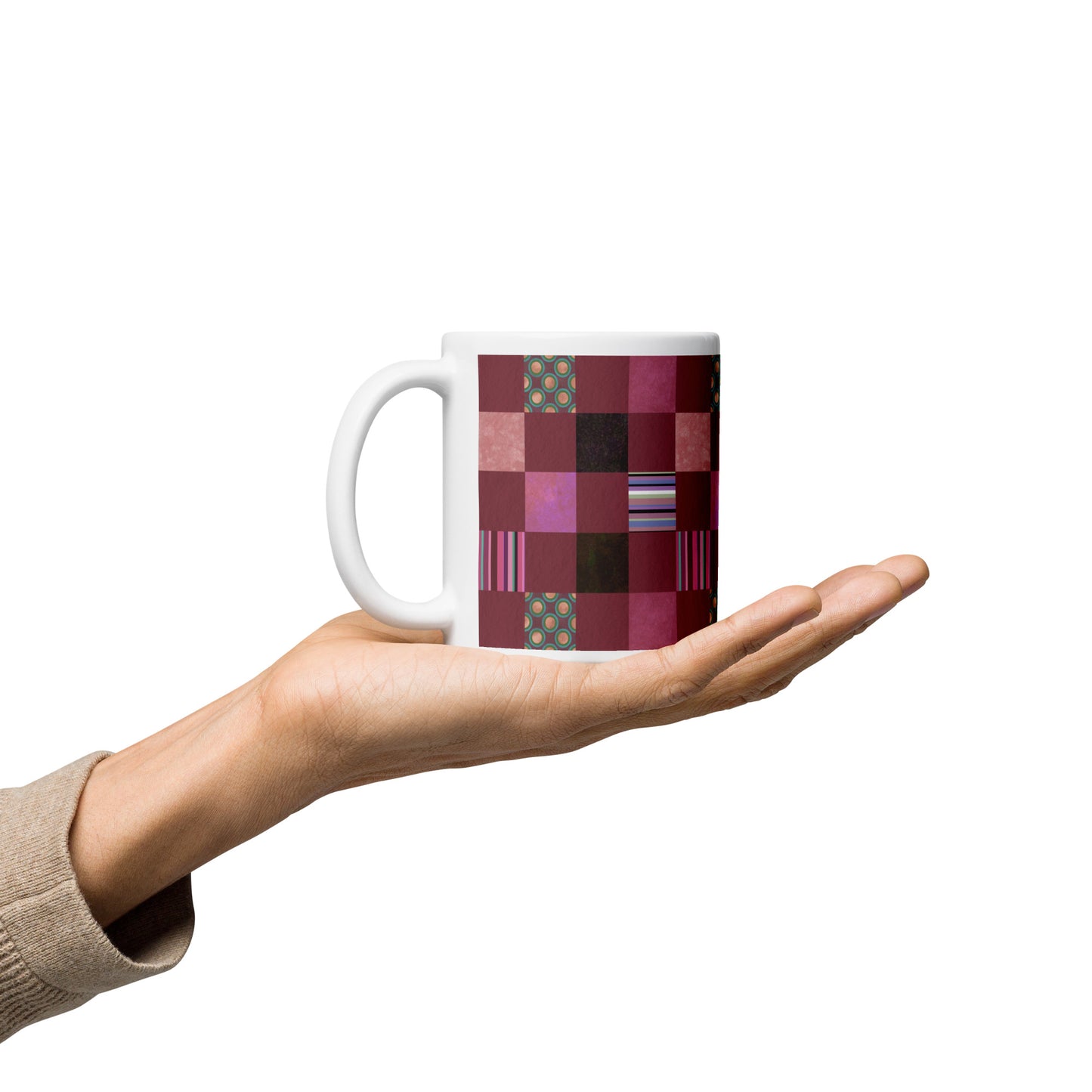 Mug cup (white) / striped or polka dot checker pattern / reddish-brown