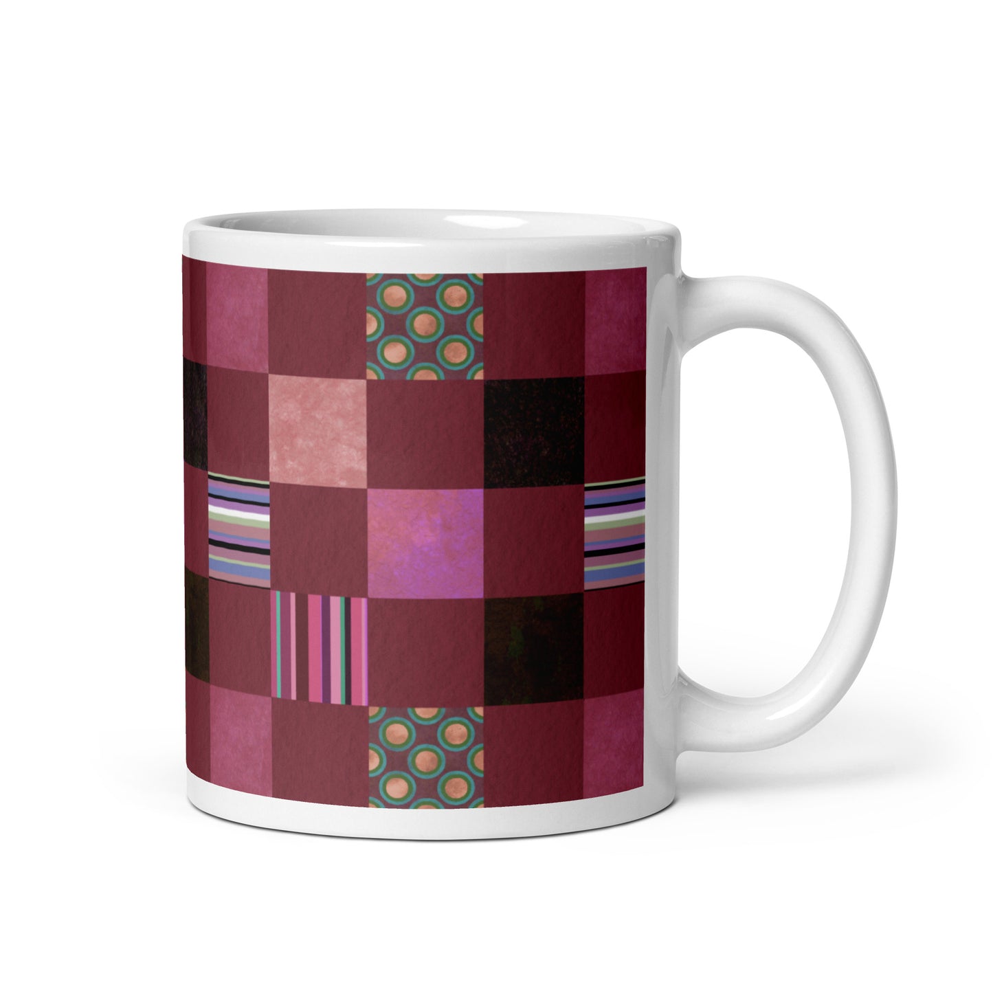 Mug cup (white) / striped or polka dot checker pattern / reddish-brown