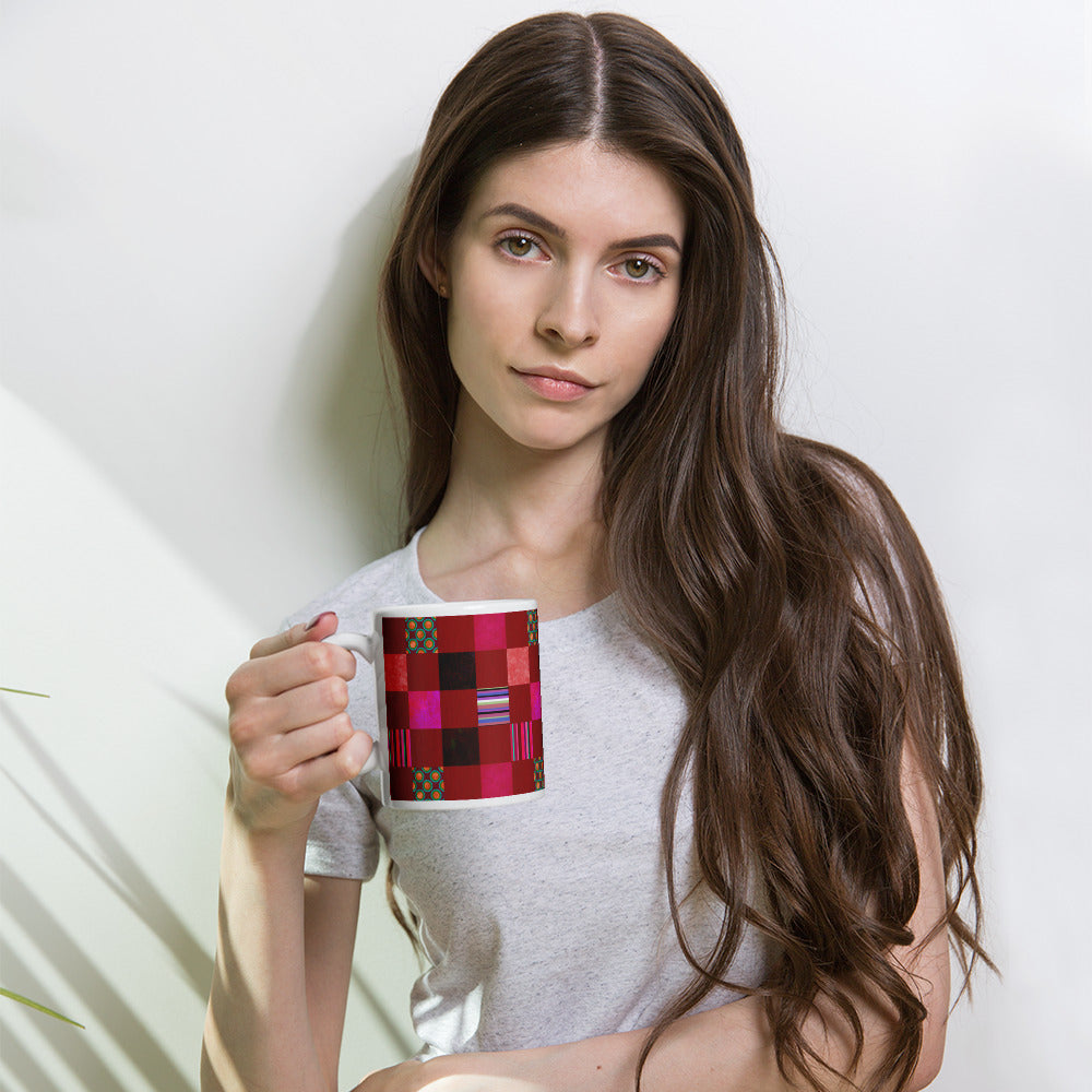 Mug cup (white) / Striped or polka dot grid pattern / Red