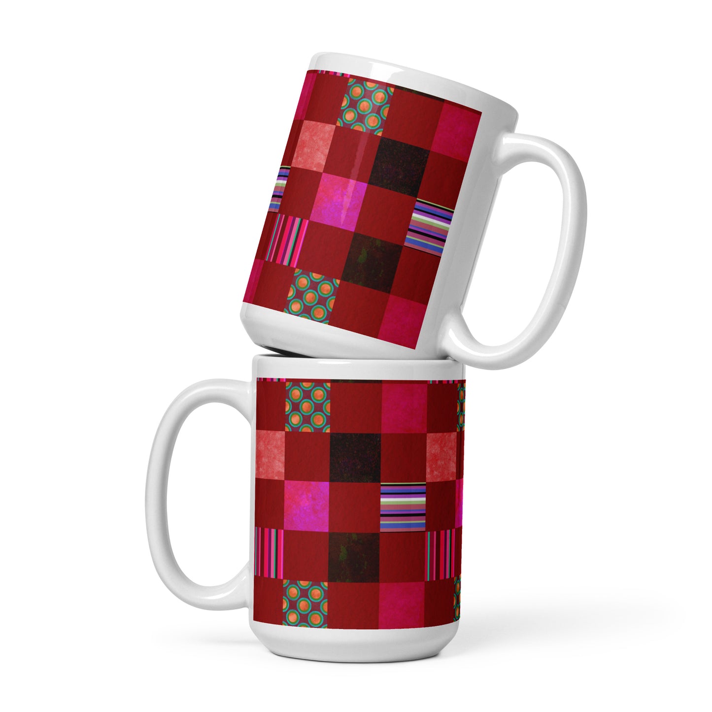 Mug cup (white) / Striped or polka dot grid pattern / Red