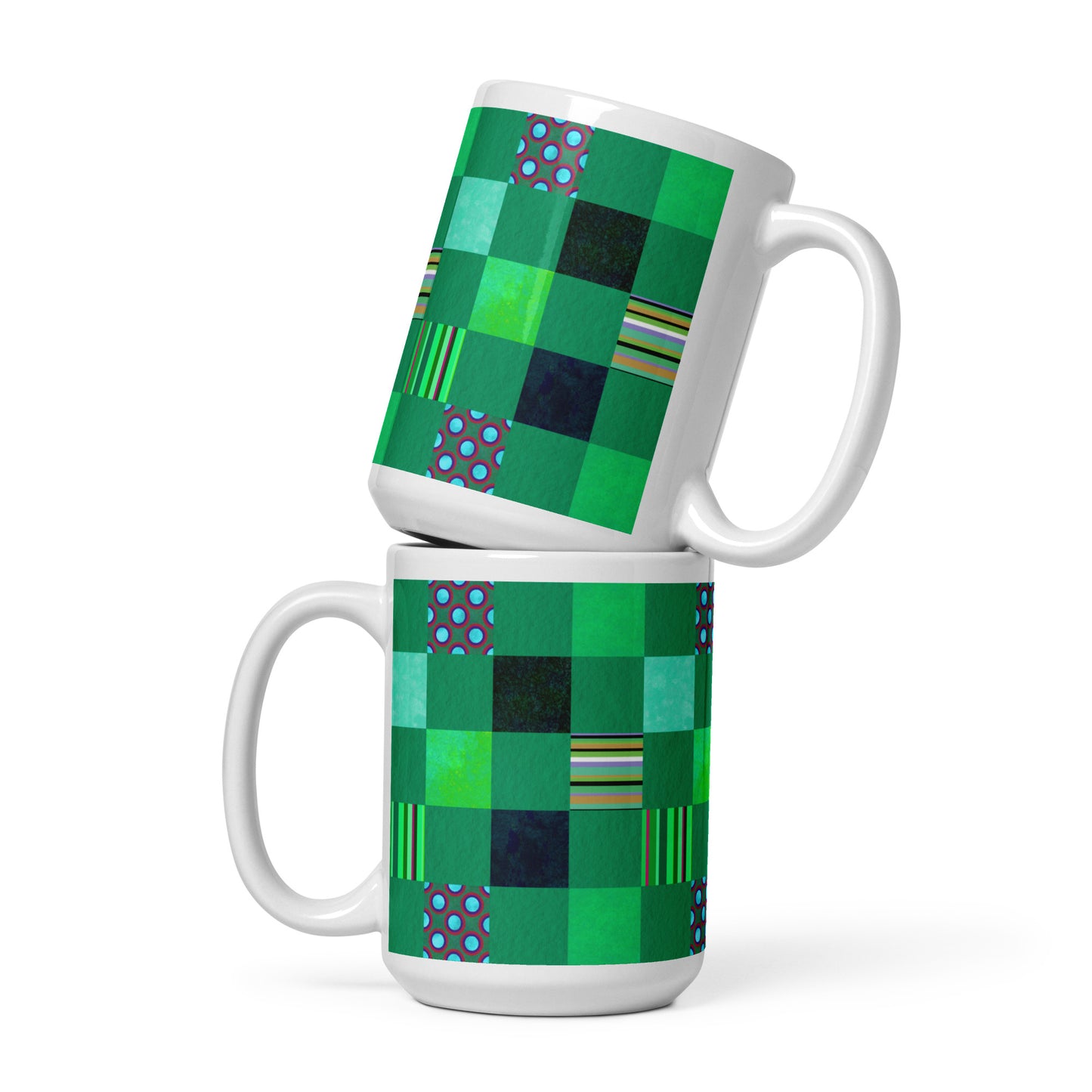 Mug cup (white) / Striped or polka dot grid pattern / Green