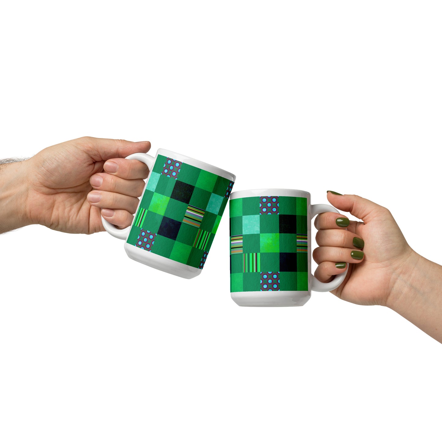 Mug cup (white) / Striped or polka dot grid pattern / Green